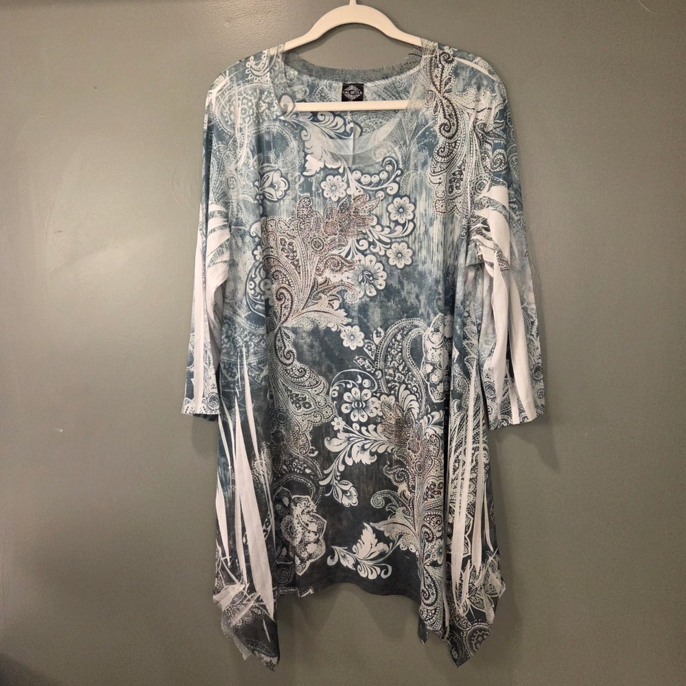 Cal Style Women's 2XL Asymmetrical Hem 3/4 Sleeve Tunic Floral Paisley Print